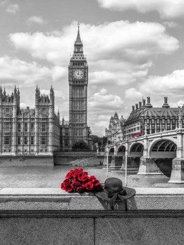 Bunch of Roses and hat on Thames promenade agaisnt Big Ben, London, UK Black Ornate Wood Framed Art Print with Double Matting by Frank, Assaf