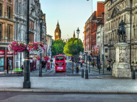 Streets of London city with double decker bus, UK White Modern Wood Framed Art Print with Double Matting by Frank, Assaf