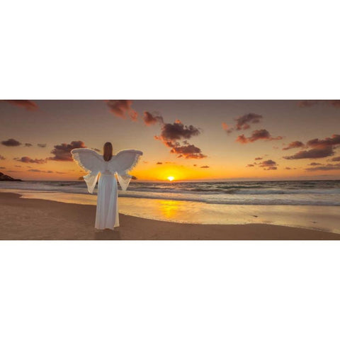 Angel on the beach at sunset Black Modern Wood Framed Art Print by Frank, Assaf