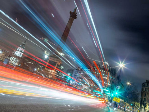 London city street with strip lights White Modern Wood Framed Art Print with Double Matting by Frank, Assaf
