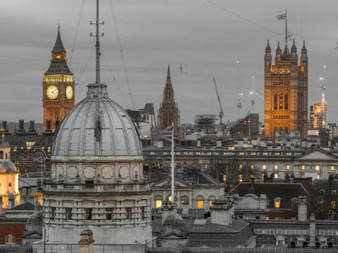 London cityscape with Big Ben and Westminster Abby White Modern Wood Framed Art Print with Double Matting by Frank, Assaf