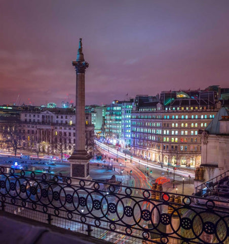 Evening view of Trafalgar Square, London, UK Black Ornate Wood Framed Art Print with Double Matting by Frank, Assaf