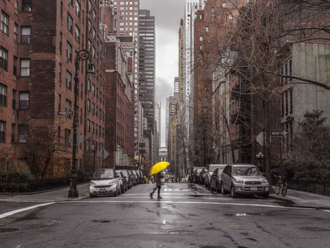 Tourist with yellow umbrella on street of Manhattan, New York White Modern Wood Framed Art Print with Double Matting by Frank, Assaf