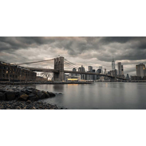 Brooklyn Bridge over East river, New York Black Modern Wood Framed Art Print with Double Matting by Frank, Assaf
