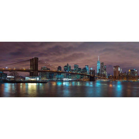 Brooklyn Bridge and Manhattan skyline, New York Black Modern Wood Framed Art Print with Double Matting by Frank, Assaf