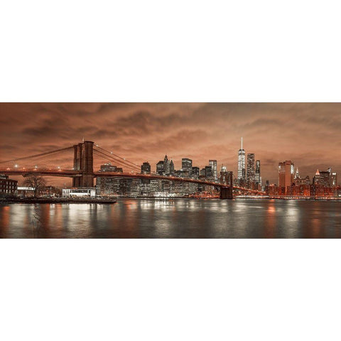 Brooklyn Bridge and Manhattan Black Modern Wood Framed Art Print with Double Matting by Frank, Assaf