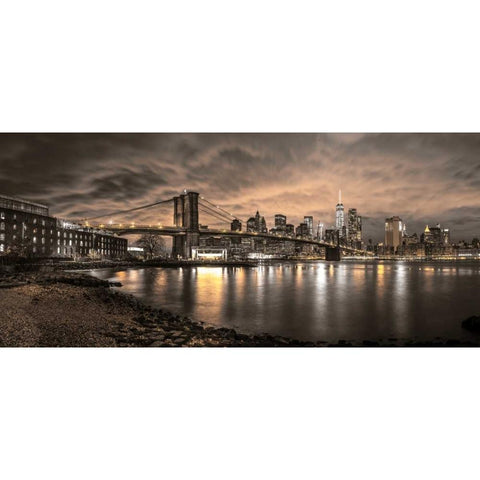 Brooklyn Bridge and Manhattan skyline, New York Black Modern Wood Framed Art Print with Double Matting by Frank, Assaf
