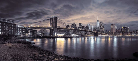 Brooklyn Bridge and Manhattan skyline, New York Black Ornate Wood Framed Art Print with Double Matting by Frank, Assaf