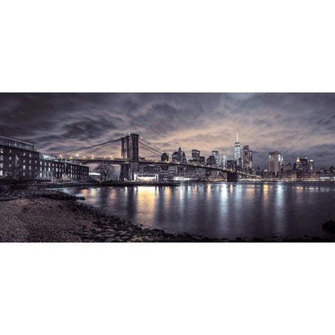 Brooklyn Bridge and Manhattan skyline, New York Black Modern Wood Framed Art Print with Double Matting by Frank, Assaf
