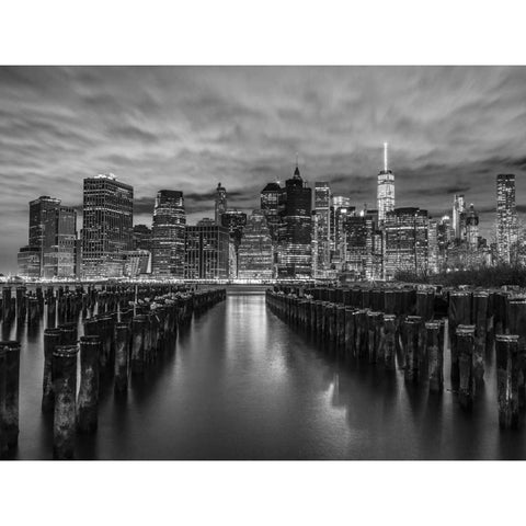 Manhattan skyline with rows of groynes in foreground, New York Black Modern Wood Framed Art Print with Double Matting by Frank, Assaf