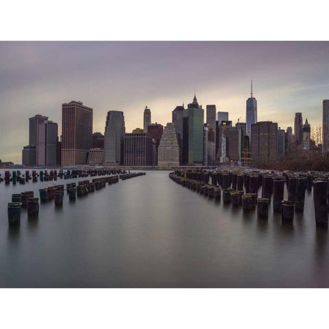 Manhattan skyline with rows of groynes in East river, New York White Modern Wood Framed Art Print by Frank, Assaf