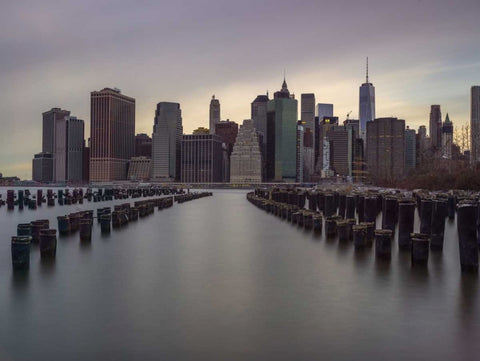 Manhattan skyline with rows of groynes in East river, New York White Modern Wood Framed Art Print with Double Matting by Frank, Assaf