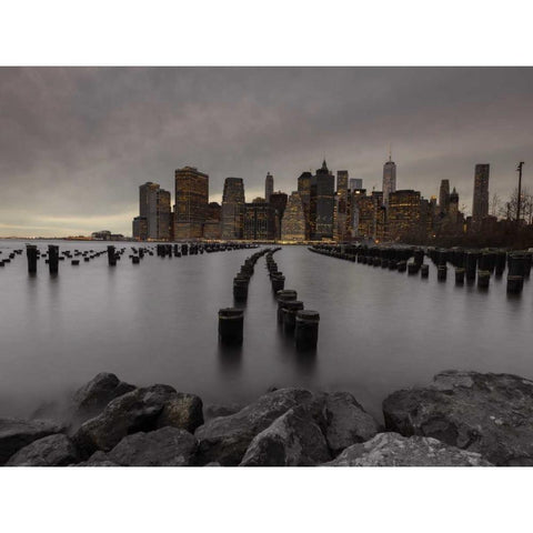 Manhattan skyline with rows of groynes in East river, New York Black Modern Wood Framed Art Print with Double Matting by Frank, Assaf