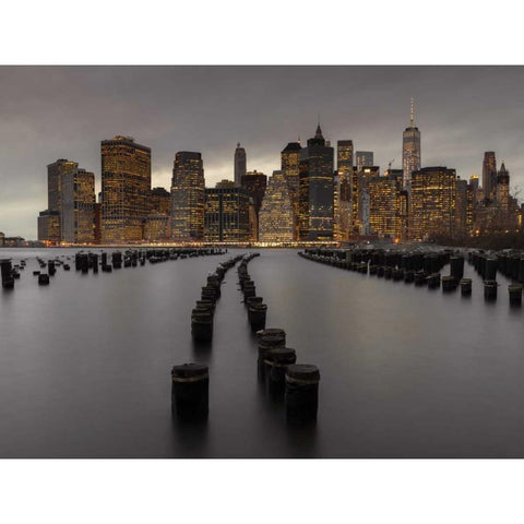 Manhattan skyline with rows of groynes in East river, New York Black Modern Wood Framed Art Print with Double Matting by Frank, Assaf