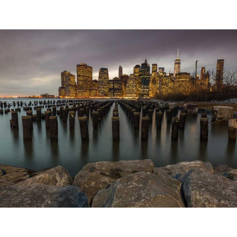 Manhattan skyline with rows of groynes in East river, New York Black Modern Wood Framed Art Print with Double Matting by Frank, Assaf