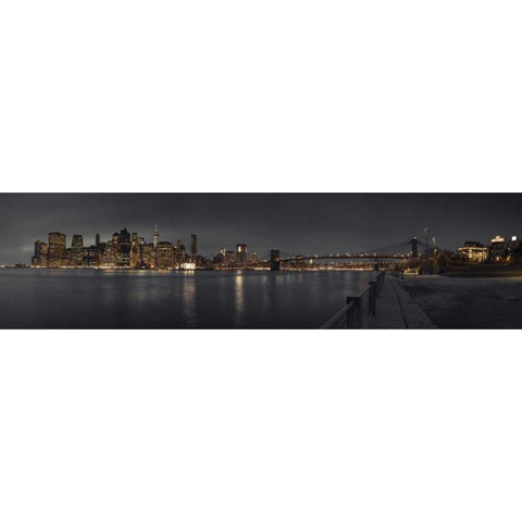 Evening view of Manhattan skyline over East river, New York Black Modern Wood Framed Art Print with Double Matting by Frank, Assaf