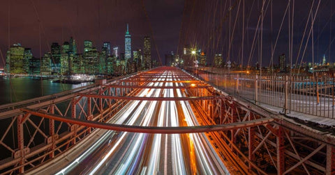 Evening view of Manhattan skyline from Brooklyn bridge Black Ornate Wood Framed Art Print with Double Matting by Frank, Assaf