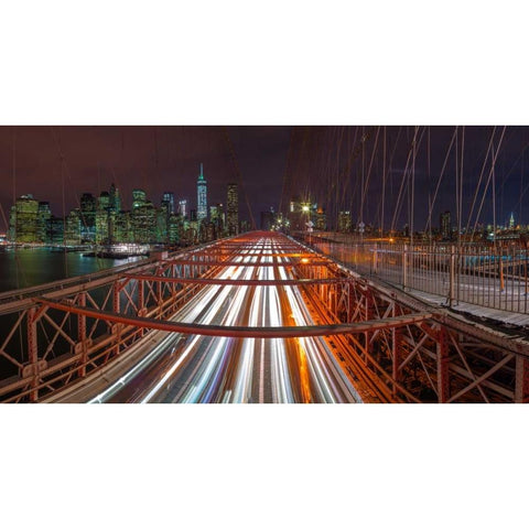 Evening view of Manhattan skyline from Brooklyn bridge Black Modern Wood Framed Art Print with Double Matting by Frank, Assaf