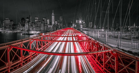 Evening view of Manhattan skyline from Brooklyn bridge Black Ornate Wood Framed Art Print with Double Matting by Frank, Assaf