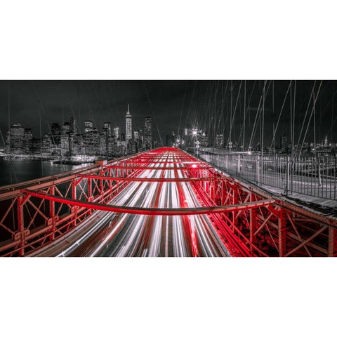 Evening view of Manhattan skyline from Brooklyn bridge Black Modern Wood Framed Art Print with Double Matting by Frank, Assaf