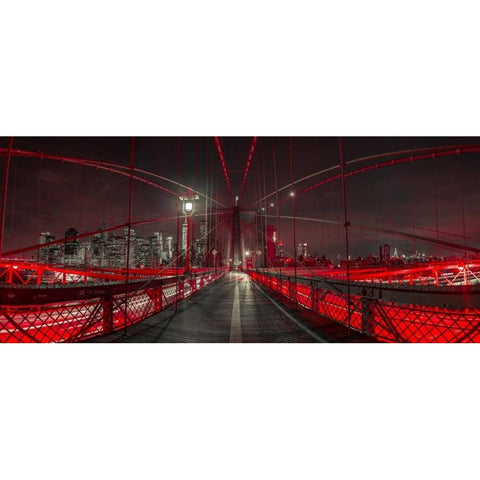 Evening view of Manhattan skyline from Brooklyn bridge Black Modern Wood Framed Art Print with Double Matting by Frank, Assaf