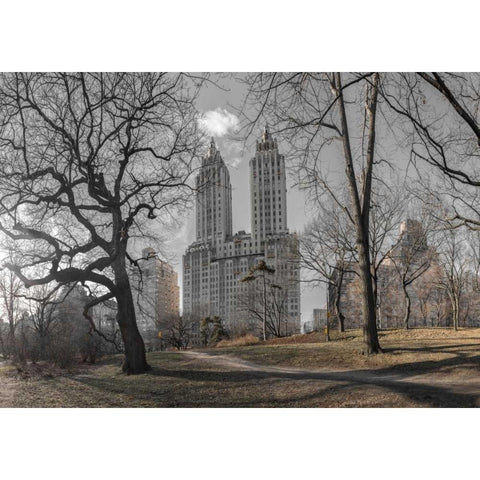 Lower Manhattan cityscape from Central park, New York Black Modern Wood Framed Art Print with Double Matting by Frank, Assaf
