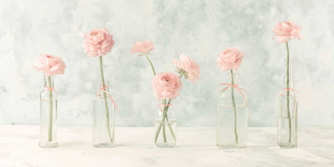 Ranuncuclus flowers in glass bottles Black Ornate Wood Framed Art Print with Double Matting by Frank, Assaf