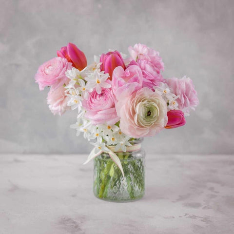 Bunch of mixed flowers in glass bottle White Modern Wood Framed Art Print by Frank, Assaf