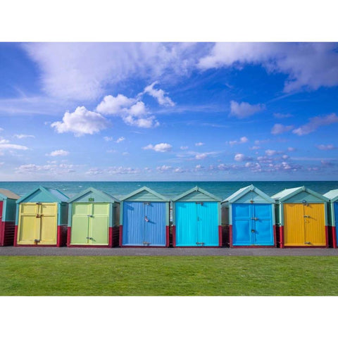 Colorful beach huts in a row Black Modern Wood Framed Art Print by Frank, Assaf
