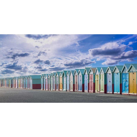 Colorful beach huts in a row White Modern Wood Framed Art Print by Frank, Assaf