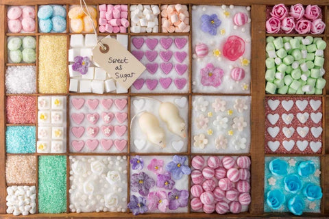 Mix of candies and sweets in wooden box White Modern Wood Framed Art Print with Double Matting by Frank, Assaf