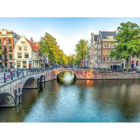 Canal through Amsterdam city Black Modern Wood Framed Art Print with Double Matting by Frank, Assaf