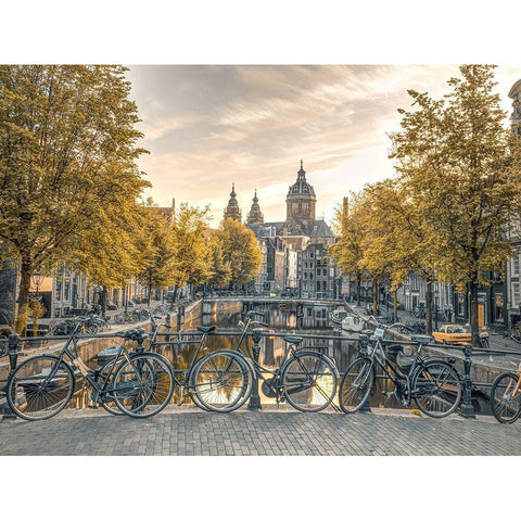 Bicycles parked along the canal-Amsterdam Black Modern Wood Framed Art Print with Double Matting by Frank, Assaf