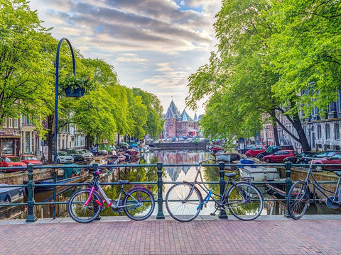 Bicycles parked along the canal, Amsterdam Black Modern Wood Framed Art Print by Frank, Assaf