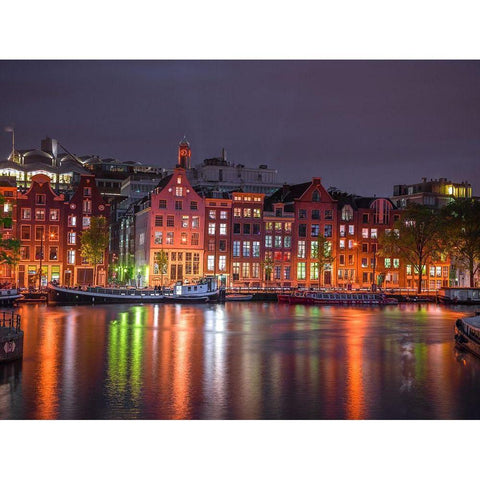 Amsterdam canal at night Black Modern Wood Framed Art Print with Double Matting by Frank, Assaf