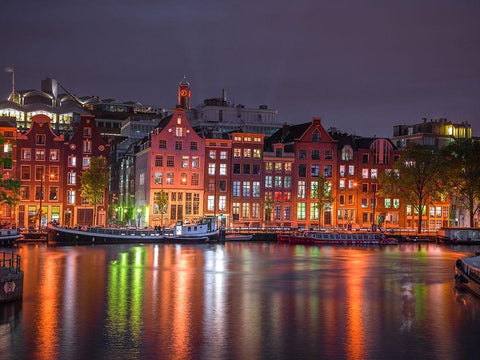 Amsterdam canal at night White Modern Wood Framed Art Print with Double Matting by Frank, Assaf