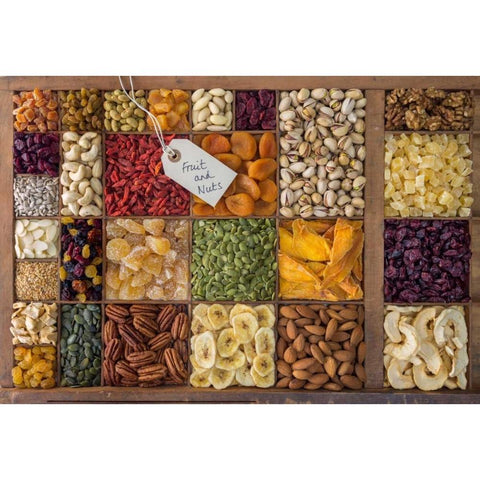 Assorted dry fruits in a wooden box White Modern Wood Framed Art Print by Frank, Assaf