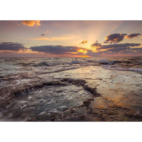 Evening view of tranquil beach Black Modern Wood Framed Art Print with Double Matting by Frank, Assaf