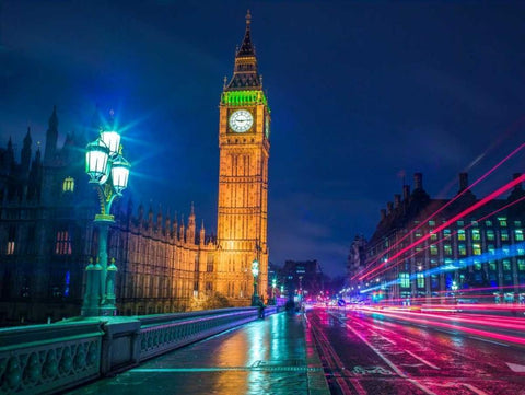 Big ben and westminster bridge with strip lights at night, London Black Ornate Wood Framed Art Print with Double Matting by Frank, Assaf