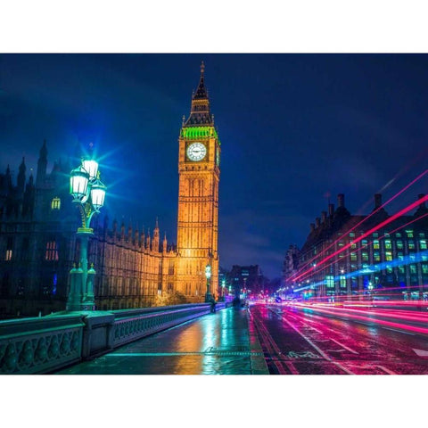 Big ben and westminster bridge with strip lights at night, London Black Modern Wood Framed Art Print with Double Matting by Frank, Assaf