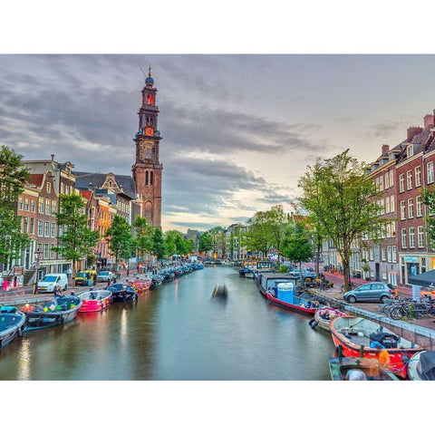 Canal through Amsterdam city Black Modern Wood Framed Art Print with Double Matting by Frank, Assaf