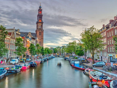 Canal through Amsterdam city White Modern Wood Framed Art Print with Double Matting by Frank, Assaf