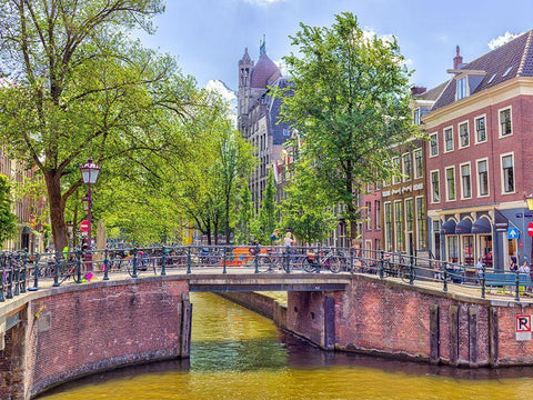 Canal through Amsterdam city Black Ornate Wood Framed Art Print with Double Matting by Frank, Assaf