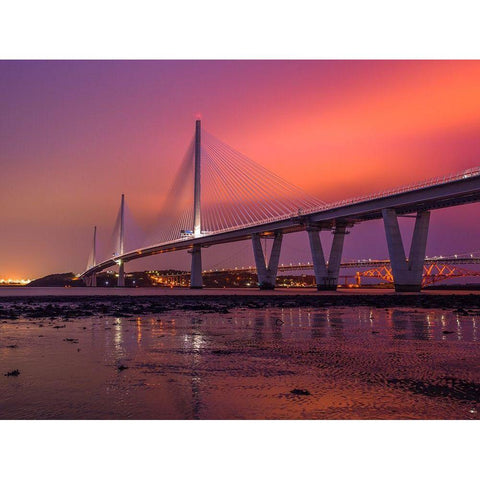 Queensferry Crossing at night, Scotland White Modern Wood Framed Art Print by Frank, Assaf