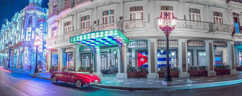 Vintage car outside hotel Inglatera, Havana, Cuba, FTBR 1850 Black Ornate Wood Framed Art Print with Double Matting by Frank, Assaf