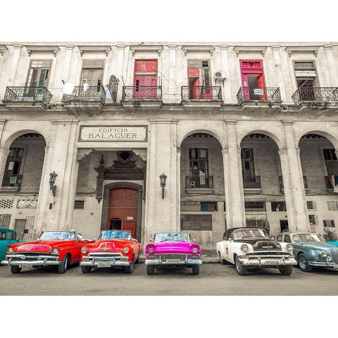 Traditional cuban cars parked in row by the road in Havava, Cuba, Black Modern Wood Framed Art Print by Frank, Assaf
