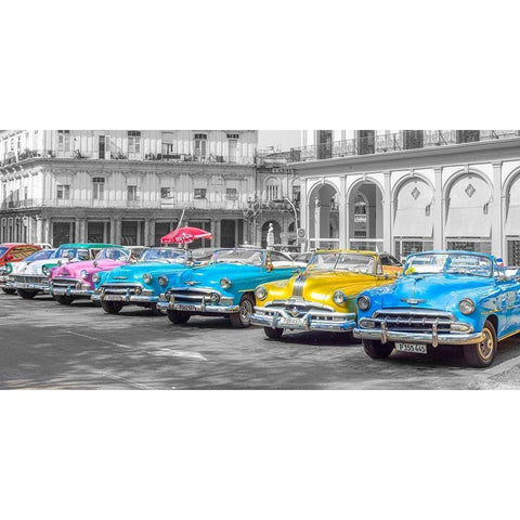 Traditional cuban cars parked in row by the road in Havava, Cuba, FTBR 1849 Black Modern Wood Framed Art Print by Frank, Assaf