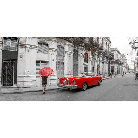 Woman with red umbrella by a vintage car on the street of Havana-Cuba Black Modern Wood Framed Art Print by Frank, Assaf