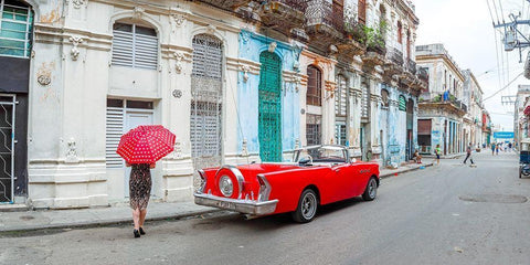 Woman with red umbrella by a vintage car on the street of Havana, Cuba, FTBR 1851 White Modern Wood Framed Art Print with Double Matting by Frank, Assaf