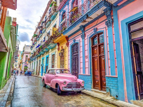 Vintage car on street of Havana, Cuba Black Ornate Wood Framed Art Print with Double Matting by Frank, Assaf